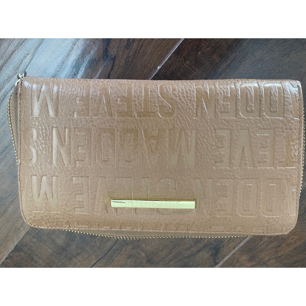 Steve Madden Tan Embossed Logo Zip Around Wristlet Wallet Gold Tone Hardware